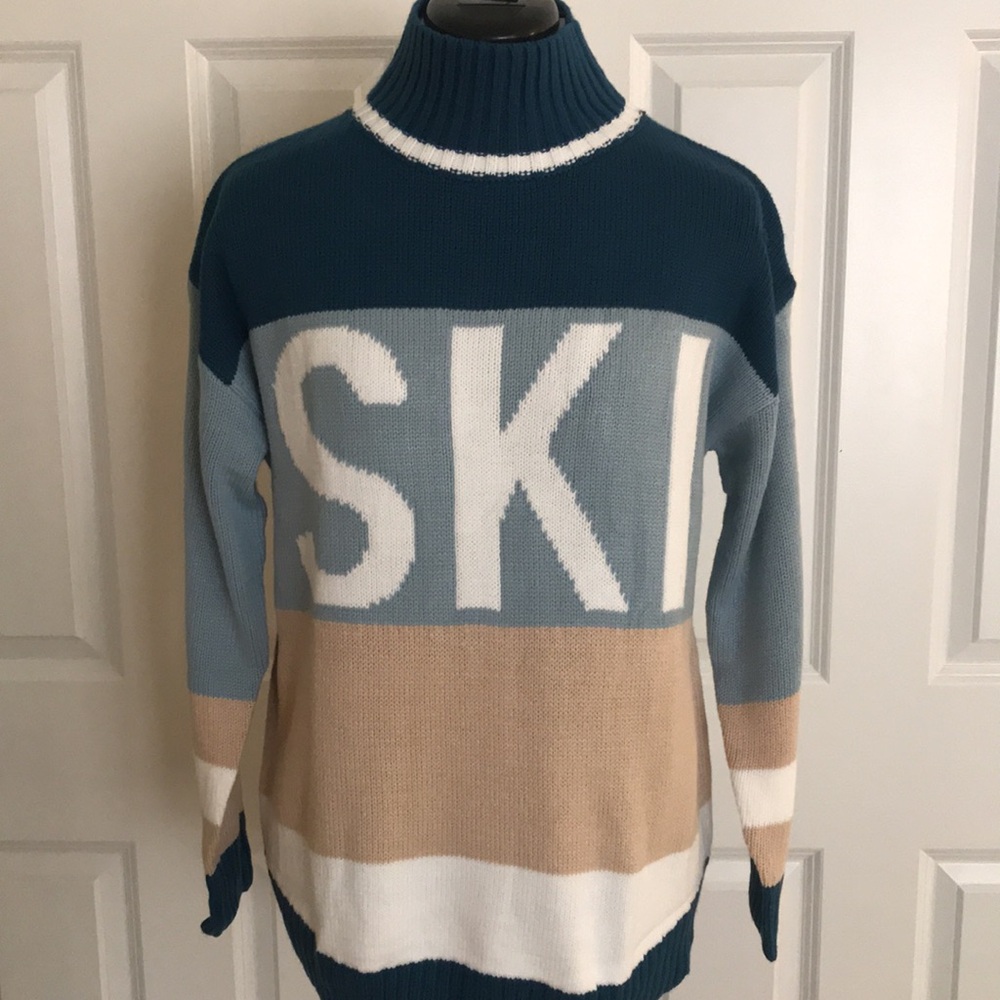 New SKI Mock Turtleneck Knit Sweater Blue Teal Tan White Skiing Size M